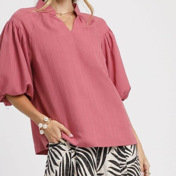 Umgee Textured Puff Sleeve Blouse In Rose Pink sz Small [2-4] - Picture 11 of 12